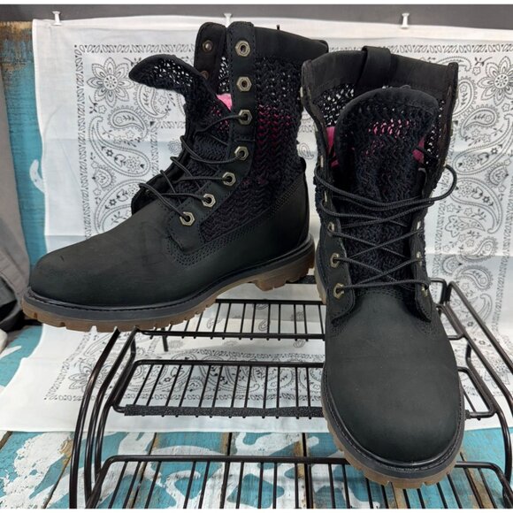 Timberland A13R1 Women's Black Leather Open Weave Ankle Combat Boots Size 8.5 - Picture 2 of 11